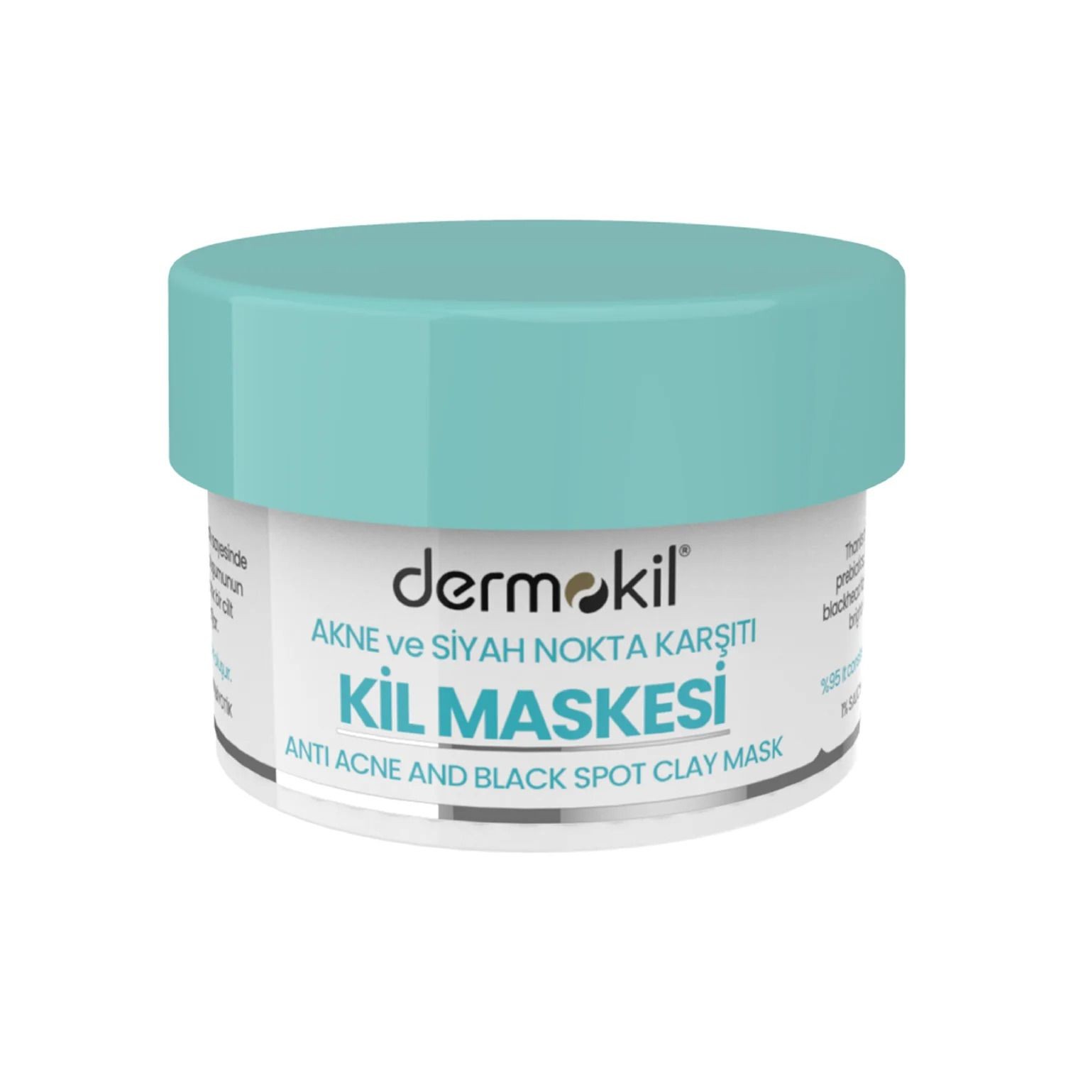 Dermokil anti-acne and black spot clay mask in a blue-capped jar.