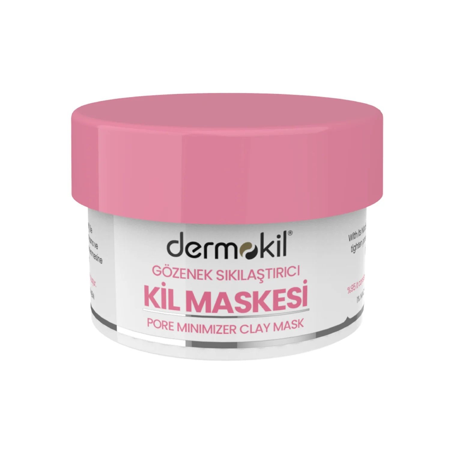 Jar of Dermokil Pore Minimizer Clay Mask with pink lid and label.