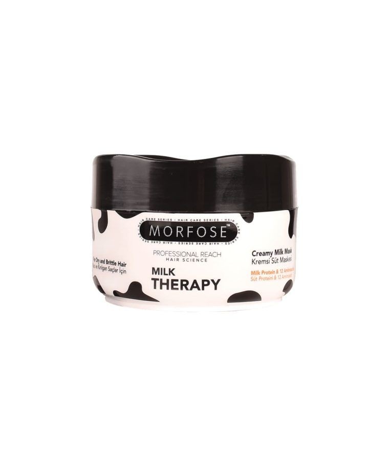 Morfose Milk Therapy hair mask container with black and white design.
