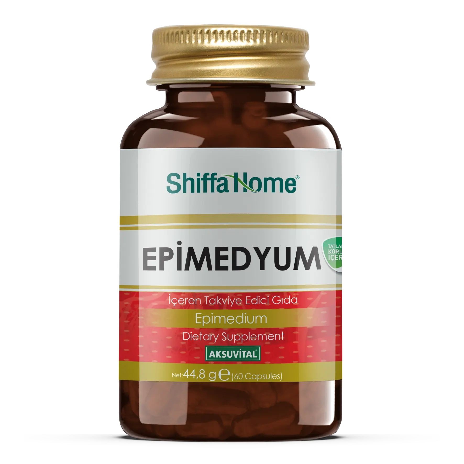 Bottle of Shiffa Home Epimedium dietary supplement with a gold cap and colored label.