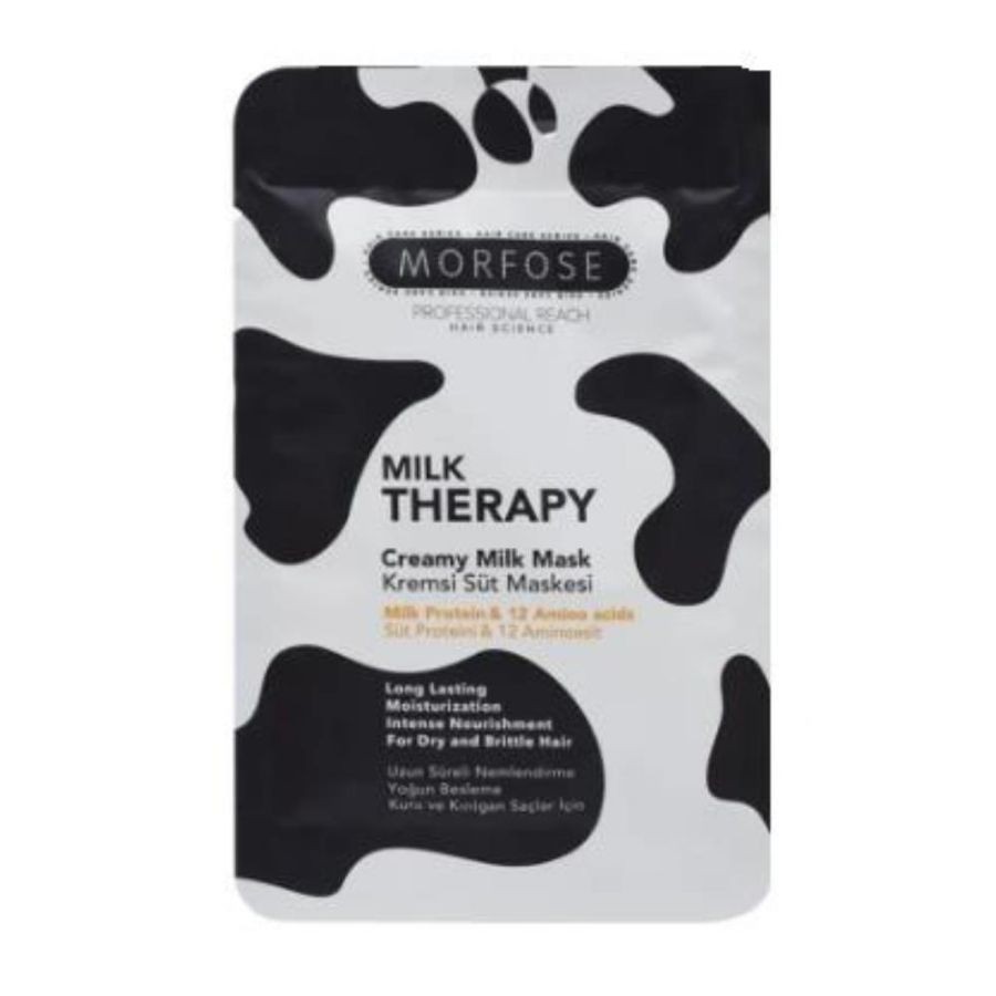 Milk Therapy creamy milk mask packaging with cow pattern design.