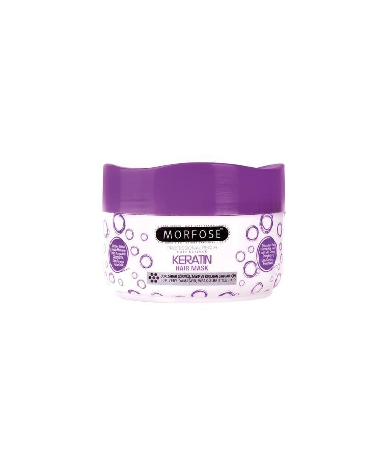 Morfose keratin hair mask in a white container with purple lid and circular design.