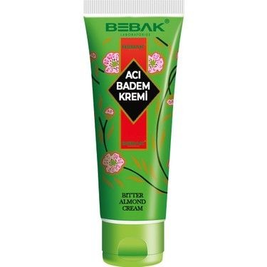 Green tube of Bebak Bitter Almond Cream with floral design and red label.